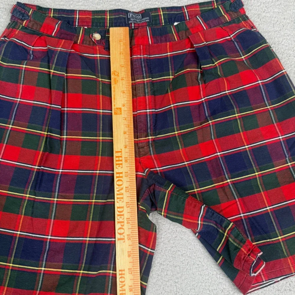 VTG Polo Ralph Lauren Shorts Mens 38 Red Tartain Plaid Pleated Chino USA Made
